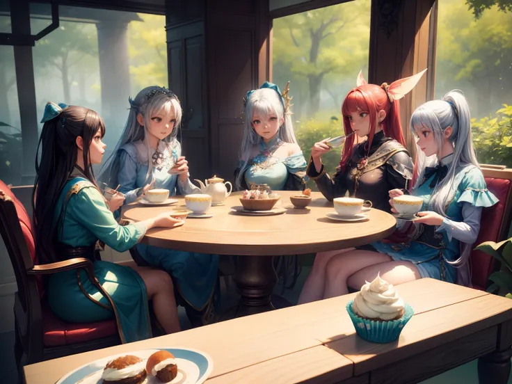 a group of girls sitting around a table with cupcakes, a detailed painting, by Ross Tran, fantasy art, dollfie dream, is ((drinking a cup of tea)), anime like, clones, stunning 3d render of a fairy, an enchanted forest, discord profile picture, silver plat...