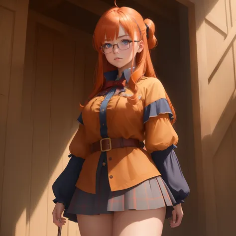 8k, masterpiece, best quality, realistic, higly detailed, cowboy shot, 1girl, solo, itsuki, serious looking girl, medium-length hair, expressive ahoge, reddish-orange hair, a pair of star-shaped hairpins near both of her eyes, dark blue eyes, average heigh...