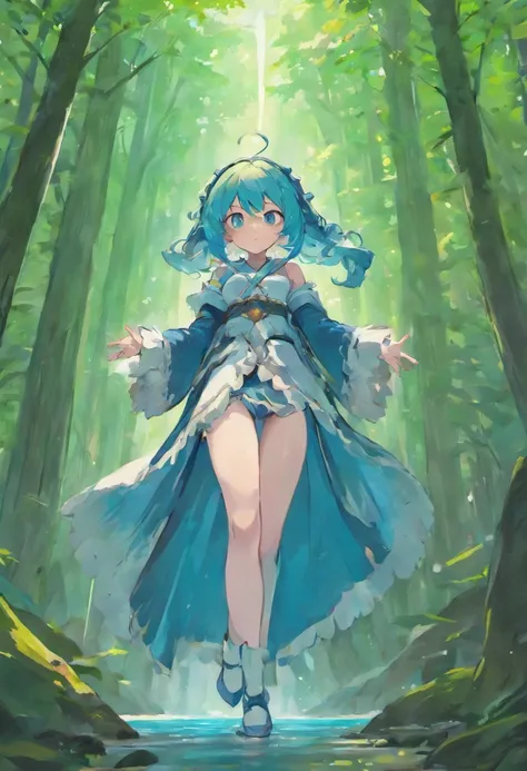 1girl, solo, looking at viewer, Blue long hair, wearing blue mage robe, wearing white stockings, big ass, blue eyes, full body, forest background, normal tits, pink lips, anime, tall, curvy, detailed, best quality, close up, full body, mature,