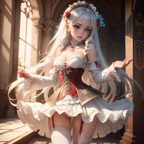 ((the Extremely Detailed CG Unity 8K Wallpapers)), masutepiece, Ultra-detailed, floating, High resolution, Sexually suggestive, (Petite, ridiculously long gray hair, Princess, White Devil Taoism, Blue eyes, (White and red see-through gorgeous mini dress、Lo...