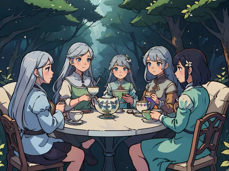 a group of girls sitting around a table with cupcakes, a detailed painting, by Ross Tran, fantasy art, dollfie dream, is ((drinking a cup of tea)), anime like, clones, stunning 3d render of a fairy, an enchanted forest, discord profile picture, silver plat...