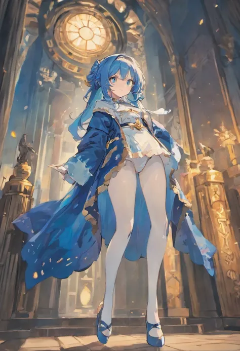 1girl, solo, looking at viewer, Blue long hair, wearing blue mage robe, wearing white stockings, big ass, blue eyes, full body, normal tits, pink lips, anime, tall, curvy, detailed, best quality, close up, full bodydiokonigsreuter