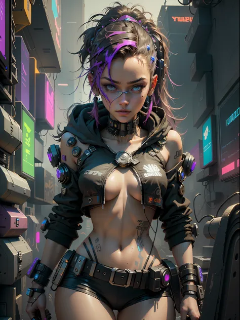 ((Best quality)), ((masterpiece)), (highly detailed:1.3), 3D, beautiful (cyberpunk:1.3) hacker woman with thick voluminous hair operating a computer terminal