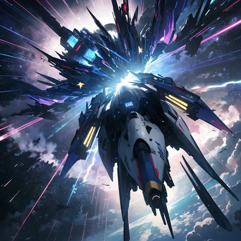 Absurd resolution, High resolution, (masutepiece: 1.4), Hyper-detailing, mechs, Blue airplane with blue wings, Flying in the sky (1.8) The background is wild, thunder、cosmic space、Wearing lightning、Luminescent lines