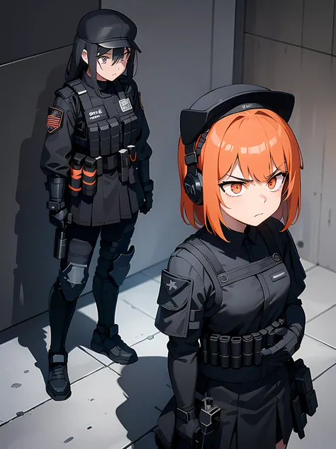 1girl, 2clones, black tactical cap, cap, tactical black railed headset, black long messy hair, black plain tshirt, armored, black shoulder pads, black tactical vest, black armor pads, black handgun holster, black tactical socks, tactical skirt, focused, or...