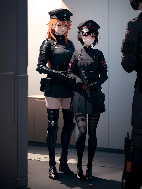 1girl, 2clones, black tactical cap, cap, tactical black railed headset, black long messy hair, black plain tshirt, armored, black shoulder pads, black tactical vest, black armor pads, black handgun holster, black tactical socks, tactical skirt, focused, or...