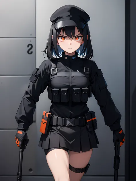 1girl, 2clones, black tactical cap, cap, tactical black railed headset, black long messy hair, black plain tshirt, armored, black shoulder pads, black tactical vest, black armor pads, black handgun holster, black tactical socks, tactical skirt, focused, or...