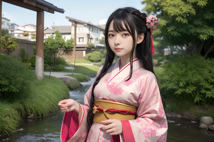 1girl, solo, kamado nezuko , very long hair ,black hair, pink eyes, forehead, japanese clothes, pink kimono, haori , sash , hair...