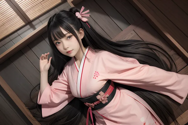 1girl, solo, kamado nezuko , very long hair ,black hair, pink eyes, forehead, japanese clothes, pink kimono, haori , sash , hair...