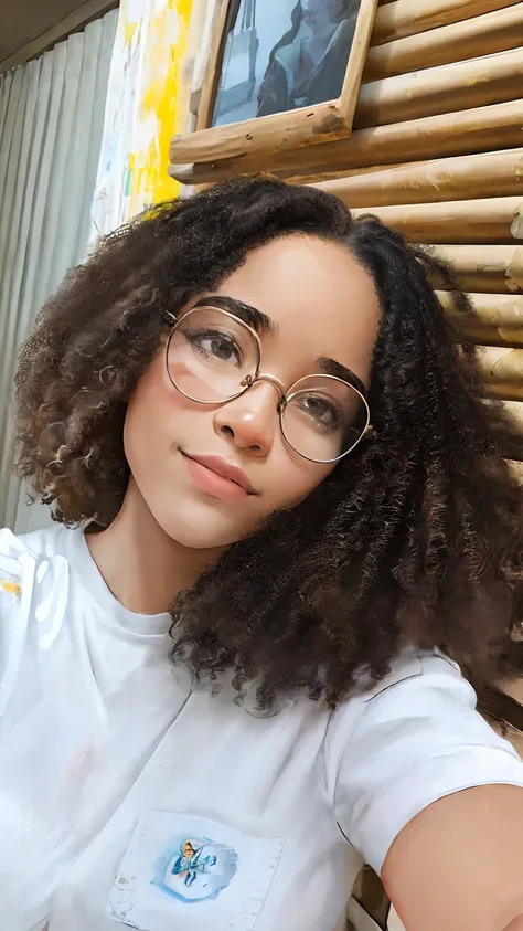 there is a woman with glasses taking a selfie with her cell phone, curly middle part haircut, cabelos cacheados, seu rosto emoldurado com cachos, com afro, selfie de uma jovem mulher, Menina africana de pele clara, afro encaracolado, medium close up portra...