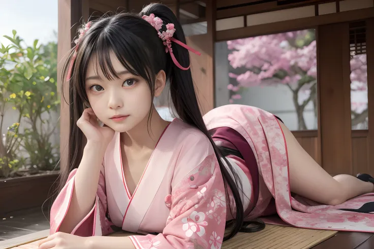 1girl, solo, kamado nezuko , very long hair ,black hair, pink eyes, forehead, japanese clothes, pink kimono, haori , sash , hair...