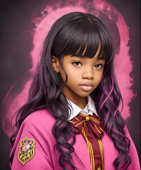 Black teen girl, with a black and very curly long hair with pink tips, using a hogwarts uniform with a pink robe with gryffindor symbol, black background --auto --s2