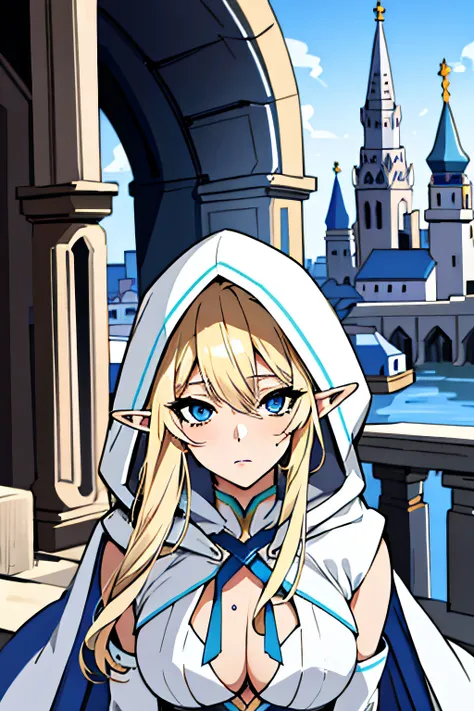 elf, blonde hair, blue eyes, white dress with hood, mole on cheek, medium boobs, day, city background