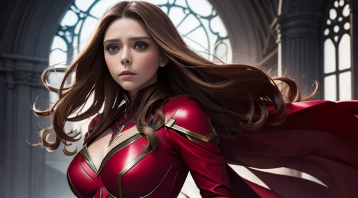 elizabeth olsen is marvel's scarlet witch, fisiculturista, super forte, musculoso, com abdominais, vestindo uma malha vermelha s...