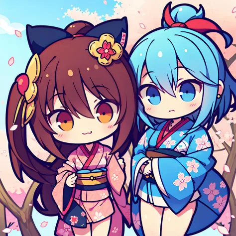 (2 girls) The cutest chibi kabuki girls, wearing highly detailed kimonos, tattoos and piercings, finely detailed graffiti background, cherry blossoms blowing in the wind, perfect masterpiece, high quality, high resolution