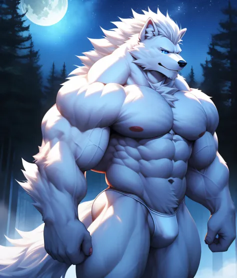 PRO competitive bodybuilder, nj5furry, (Albino Arcanine, massive, huge, muscular, Gigachad), (((((WHITE THONG))))) (((((WHITE FUR, WHITE HAIR, WHITE MANE, WHITE SKIN))))) Albino  Arcanine, Albino ((extremely realistic shadows, masterpiece, extremely detail...