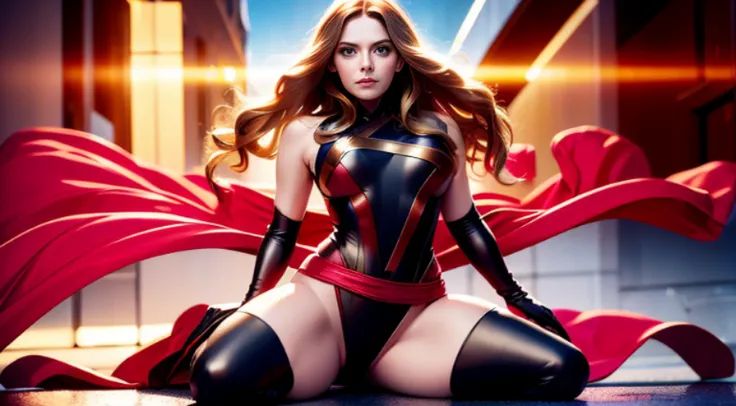 Elizabeth Olsen is Marvels Scarlet Witch, fisiculturista, super forte, musculoso, com abdominais, vestindo uma malha vermelha sem mangas, pink tights, Red boots and opera gloves, a red cape with a bow around his neck and a helmet framing his face, with the...