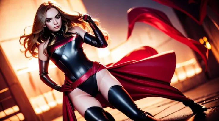 Elizabeth Olsen is Marvels Scarlet Witch, fisiculturista, super forte, musculoso, com abdominais, vestindo uma malha vermelha sem mangas, pink tights, Red boots and opera gloves, a red cape with a bow around his neck and a helmet framing his face, with the...