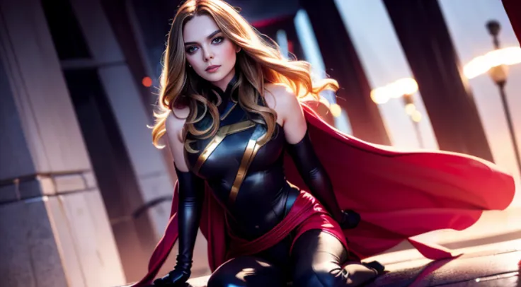 Elizabeth Olsen is Marvels Scarlet Witch, fisiculturista, super forte, musculoso, com abdominais, vestindo uma malha vermelha sem mangas, pink tights, Red boots and opera gloves, a red cape with a bow around his neck and a helmet framing his face, with the...