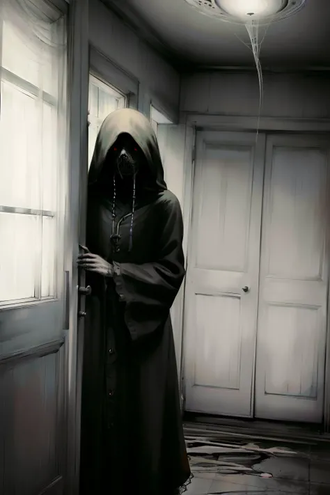 (reelunsettling:1.5), grim reaper, indoors, doorway, looking at viewer, monochrome, (masterpiece:1.2) (photorealistic:1.2) (bokeh) (best quality) (detailed skin:1.1) (8k) (HDR)  (canon d5) (sharp focus:1.3)