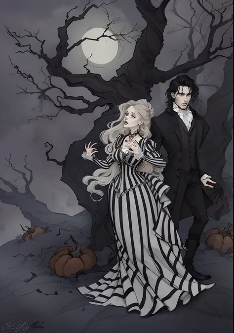 arafed image of a couple dressed in gothic costumes standing in front of a tree, tim burton comic book art, abigail larson, in style of tim burton, tim burton style, elegant horror artwork, victorian vampire, victorian gothic, tim burtons style, elegant vi...