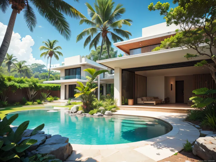 (a large and modern house), seen from the front, (a background with a beautiful tropical jungle), (no neighbors, a large yard), (a natural pool with large stones)