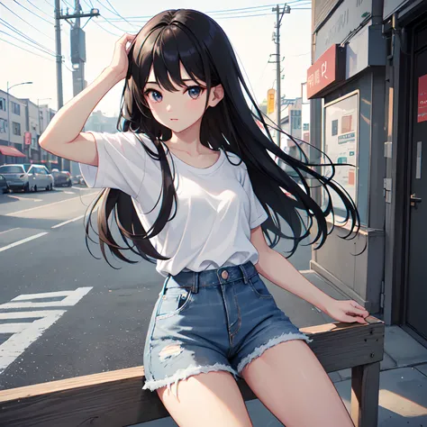 Super delicate and cute girl with black hair、a junior high school student、14years、8K Ultra High Definition, Delicate texture,Medium Hair、Wearing a plain white T-shirt, Denim shorts, city, absurderes, hight resolution, ultrasharp, 8K, masutepiece, Looking a...