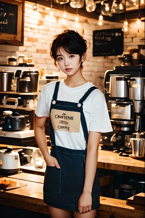 20-year-old woman working in a coffee shop、Brewing coffee、tshirts、pinafore、short-cut、Backlight illumination