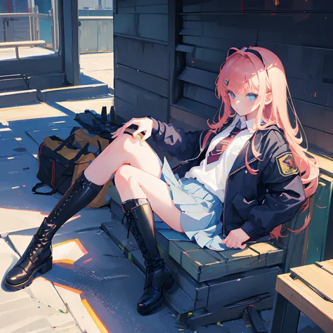 High Resolution, Detailed Face Features, Wallpaper, Guns, Female, Friends, Teenagers in School Uniform, Small Chest, Full Body, Jacket in random Color, Tighs,Random Color Boots, Fishnets, Hideout