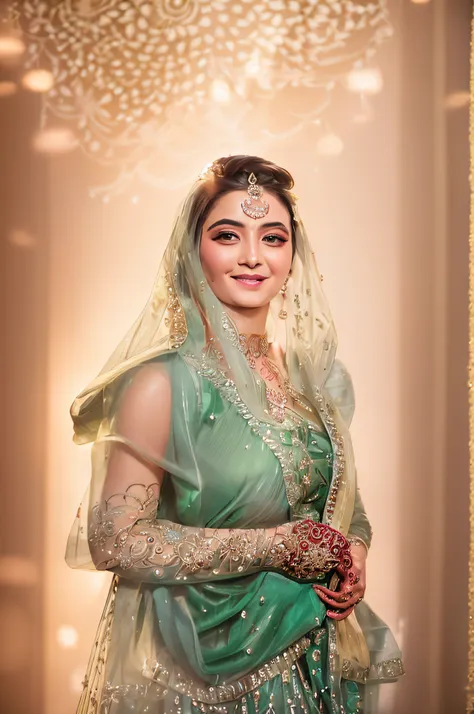 portrait,beautiful Pakistani bride,detailed eyes and lips,traditional bridal attire,ornate jewelry,wedding henna,happy and radiant expression,vibrant colors,golden embroidery,soft and natural lighting,sharp focus,high-res image,Pakistani Mehndi design,brid...