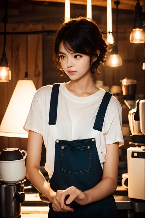 20-year-old woman working in a coffee shop、brewing coffee、tshirts、pinafore、short-cut、backlight illumination、studio lighting