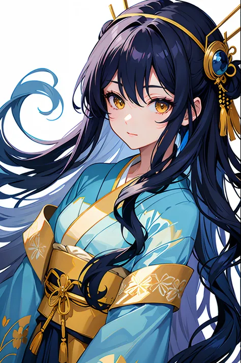 Masterpiece, dark blue long-haired beauty, absolutely beautiful, hair accessories, wearing simple kimono, light color kimono, yellow eyes, long eyelashes, withered petals, beautiful, charming, perfect, super clear, HD, light blue background, solo, 1girl, s...