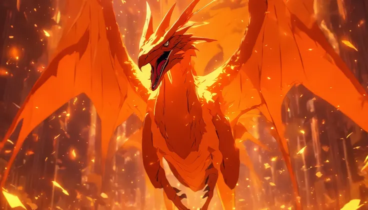 Pterodactyl, luminescent orange, surrounded by a glowing orange-yellow shield, Blade Ward, masterpiece, best quality