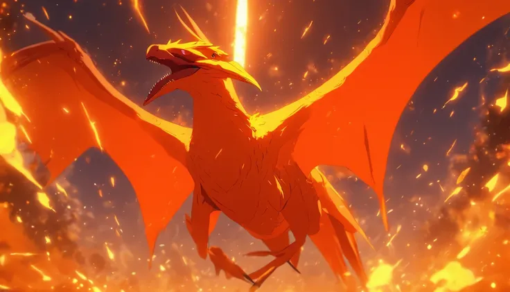 Pterodactyl, luminescent orange, surrounded by a glowing orange-yellow shield, Blade Ward, masterpiece, best quality