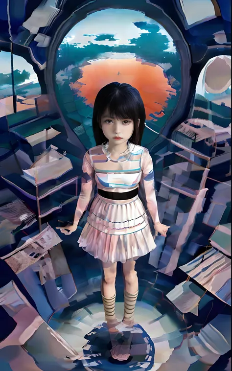 painting of a little girl standing in a room with a mirror, junji ito 4 k, inspired by josan gonzalez, pop japonisme 3 d ultra d...