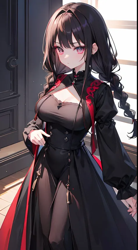 hightquality、Transcendent Beautiful Girl、(lustrous dark hair)、、((two braids))、、Crimson eyes、Moderately large breasts、((Black Long Sleeve Dress))、Zito-order、Straight face、glamor、