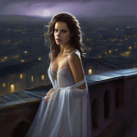 Selene, Kate Beckinsale,  on top of the roof of the church at night, chuva forte, lightnings, pernas abertas mostrando-a , submundo, pubic hair, olhos perfeitos, beautiful face, capa vampira, Cabelos escuros, Calcinha, Luvas, dentes de vampiro, sangue