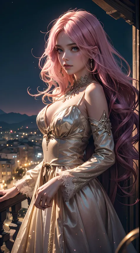 Uma mulher de olhos verdejantes, cabelo rosa. Shes standing without looking at the camera . E em um vestido glamouroso. Medieval setting, magia, realista, alta resolução. Dark and magical scenery. qualidade perfeita. The hair is moving because of the wind....