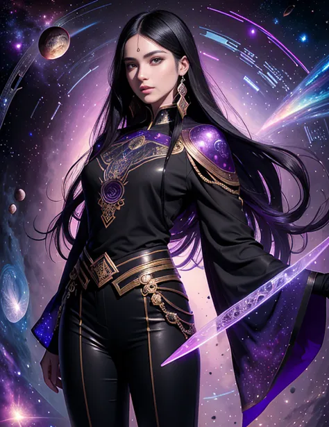 (masterpiece, top quality, best quality, official art, beautiful and aesthetic:1.2), girl, detailed face, long black hair, full body, violet blouse and pants, celestial, cosmic, extremely beautiful, high detailed, (galactic in background), luminous effects...