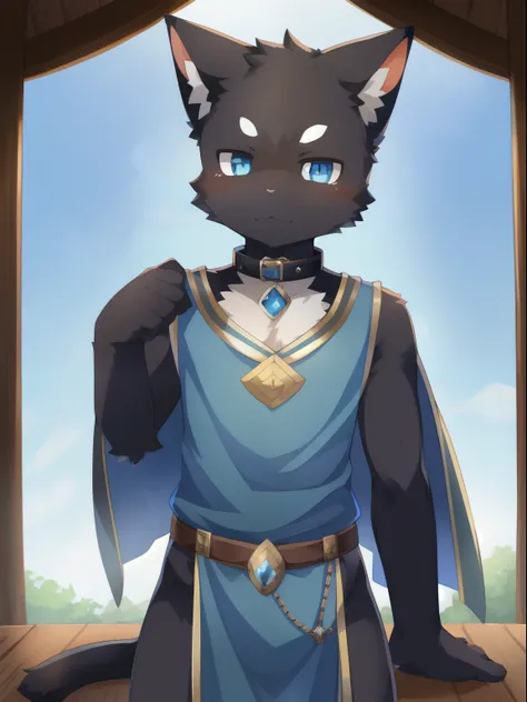 masterpiece, solo, 1boy, Furry, kemono, furry cat, anthropomorphic, male, black fur, black skin, blue eyes, blue wizard clothes, slave collar, sexy clothes, fantasy town, uploaded on e621,