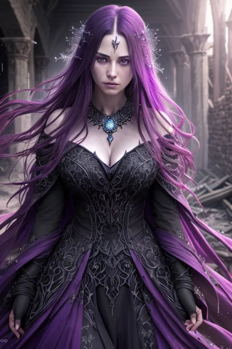 (extremely detailed 8k wallpaper) +, a ((medium shot)) photo of the dark sorceress of dawn conjuring dark magic in a destroyed village, pale skin, (long purple hair), Intricate, High Detail, dramatic, best quality masterpiece, photorealistic, detailed, 8k,...