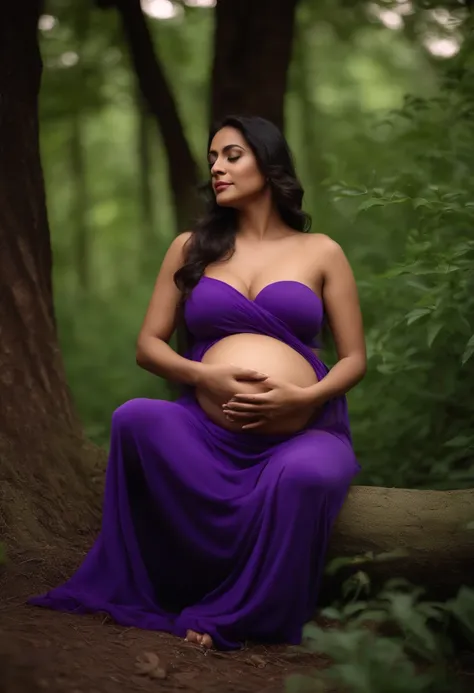 pregnant woman in purple pants sitting under a tree in a forest, maternal photography 4 k, pregnant belly, full figured mother earth, maternity feeling, mother nature, pregnant, nature goddess, indian goddess, gorgeous woman, pregnancy, curves!!, body port...