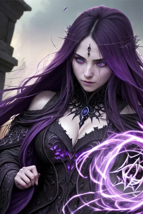 (extremely detailed 8k wallpaper) +, a ((medium shot)) photo of the dark sorceress of dawn conjuring dark magic in a destroyed village, pale skin, (long purple hair), Intricate, High Detail, dramatic, best quality masterpiece, photorealistic, detailed, 8k,...