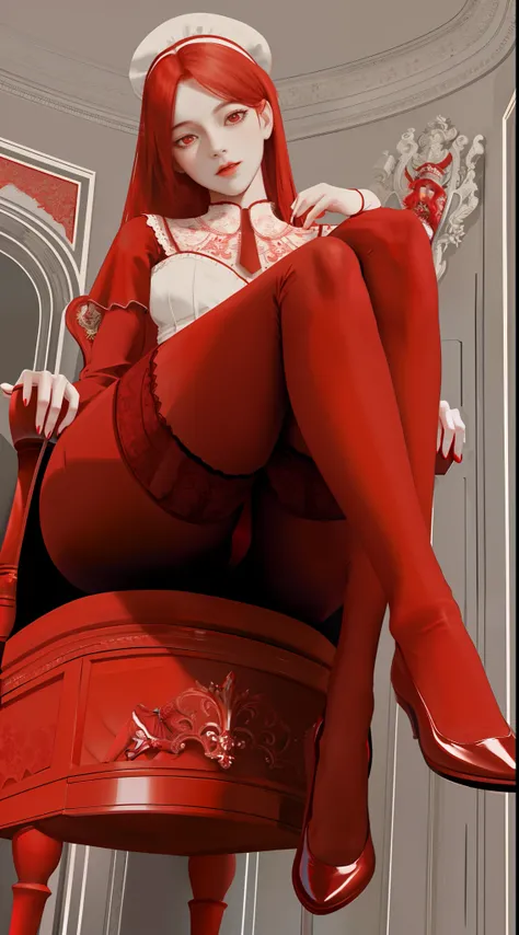 There was a woman sitting in a chair wearing red stockings, in red velvet stockings, some red, All red, mid view from below her feet, detailed shot legs-up, Red lace, legs taking your pov, too red, pale red, wearing in stocking, detailed legs looming over ...