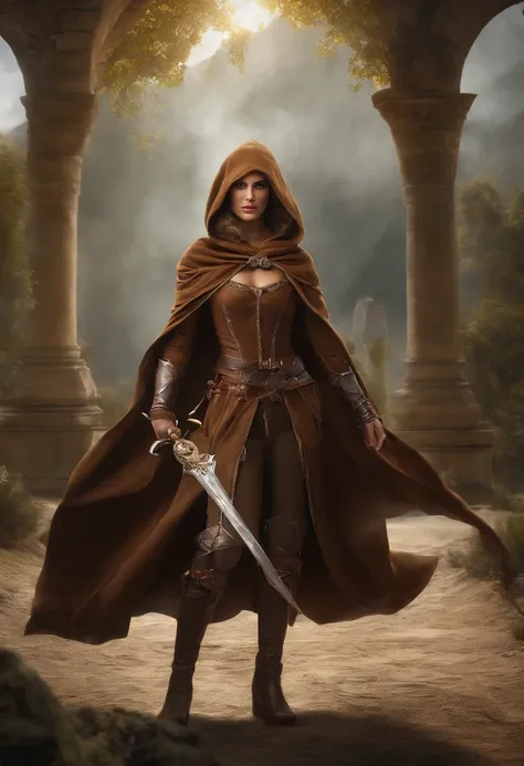 Um mago feminino antigo medieval ocidental，A female mage in a brown cloak is letting loose a bow，The hood covers his face and he cant see clearly，（An electric arc around the hand：1.3），Pronto para atacar，imponente，（Thunder Magic），（The bow was released from ...