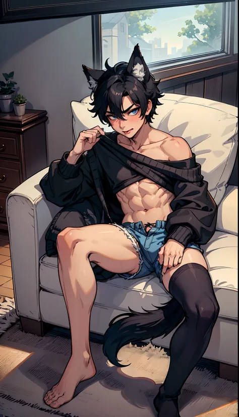 (((1boy))), big sharp ears, fluffy wolf tail, black hair, blue eyes, big thighs, slim waist, smug, twink, living room setting, short shorts, sweater, blushing, full body view, ultra masterpiece, HD, comfy atmosphere, (((flat chest))),close up view of face,...