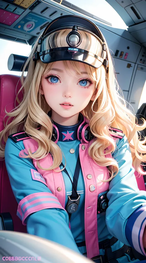 Best Quality, Beautiful Woman, wavy blonde hair, Blue Eyes, Bobbicore, Intricate pink pilot uniform, Inside the cockpit of an airplane, Wavy hair, beautifull face, perfect faces, Big, colorful eyes, Soft Smile, parted lips, Perfect slim-fit body, bright co...