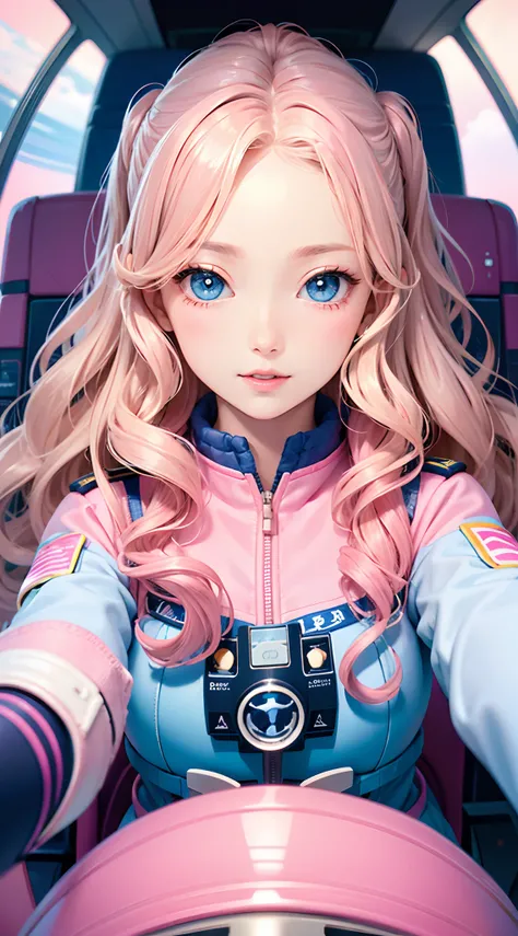 Best Quality, Beautiful Woman, wavy blonde hair, Blue Eyes, Bobbicore, Intricate pink pilot uniform, Inside the cockpit of an airplane, Wavy hair, beautifull face, perfect faces, Big, colorful eyes, Soft Smile, parted lips, Perfect slim-fit body, bright co...