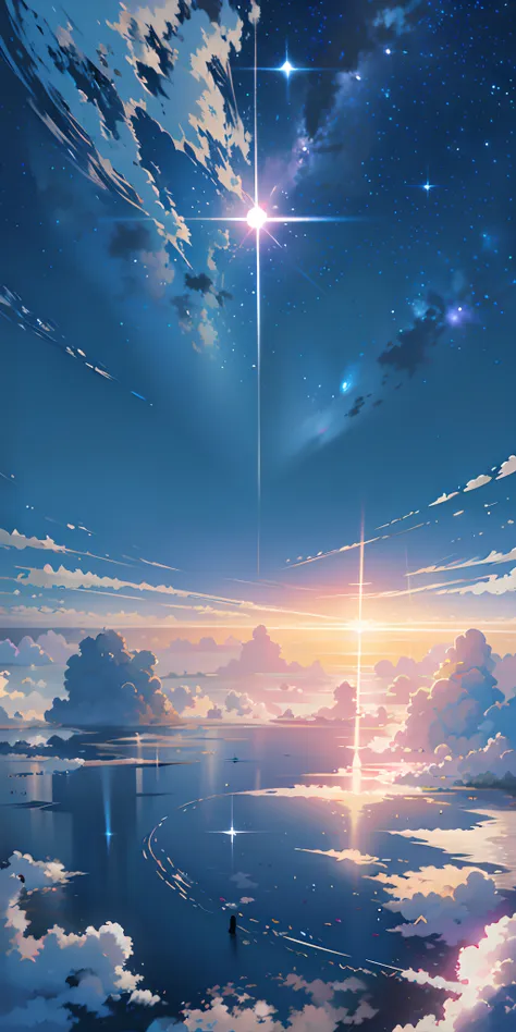 anime setting of a sunset with a star and a person standing on a boat, cosmic skies. por makoto shinkai, makoto shinkai cirilo r...