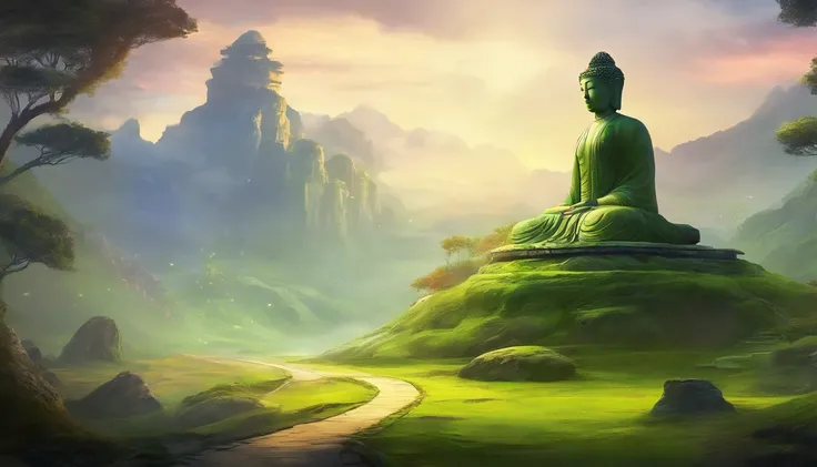 Giant Buddha statue in the distance, moss，stone, Texture, Tall, Majestic,Back to the mountains，illumination，Ancient stone statues，Lateral face，Pilgrims on the road